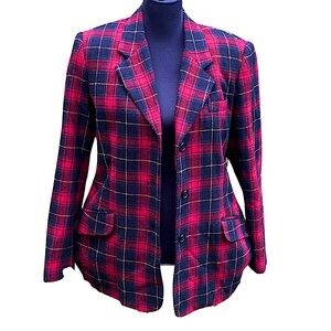 White Stag Womens Blazer Jacket Red Plaid 16W Vintage 70% Wool Holiday Academia